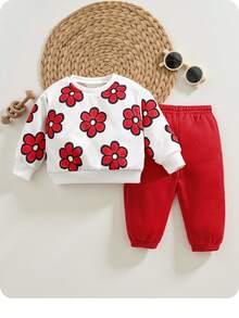 Newborn Baby Girl 2pcs Set, Autumn/Winter Outdoor Casual Pink Knitted Cartoon Floral Fleece Hoodie & Joggers Set, Suitable For Outdoor, Party & Events