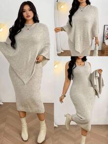 Firerie 2pcs/Set Plus Size Women Beige Poncho Style Sweater & V-Neck Straight Knit Dress, Elegant Everyday Batwing Sleeve Modest Oversized Cape Fall/Winter - Khaki - View 2