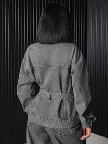 EURMUSE Flap Pocket Button Front Denim Jacket - Grey - View 2