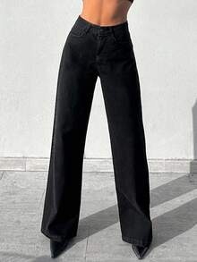 SHEIN Tall 100%Cotton High Waist Slant Pocket Casual Wide Leg Jeans Black Pants Suit Women - Black - View 5