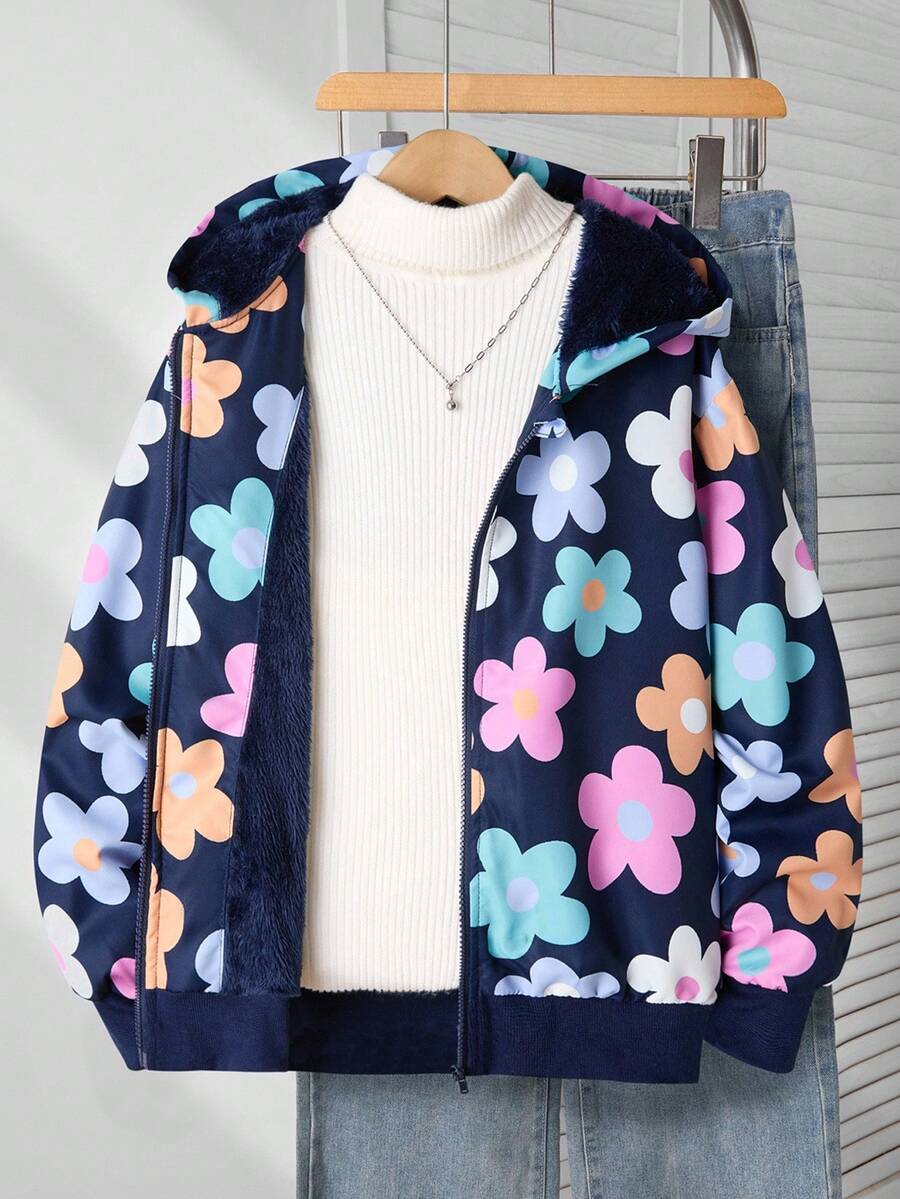 SHEIN 少女花卉印花连帽夹克,秋冬休闲装 - 彩色 - 查看 1