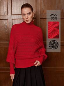 SHEIN LUNE Jersey elegante para mujer, hecho de lana suave, con cuello alto y silueta de murciélago, adecuado para fiestas de Navidad, ir al trabajo, otoño/invierno - Rojo - Ver 1