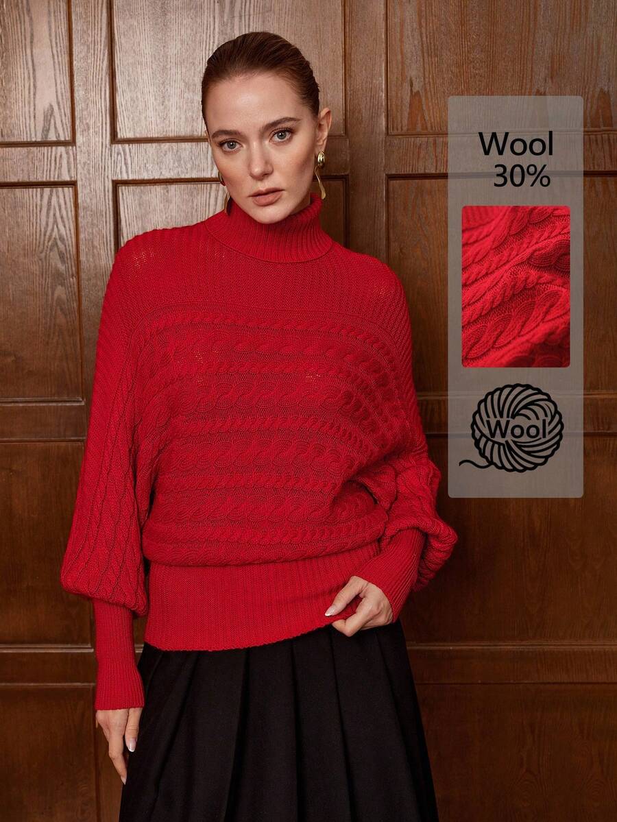 SHEIN LUNE Jersey elegante para mujer, hecho de lana suave, con cuello alto y silueta de murciélago, adecuado para fiestas de Navidad, ir al trabajo, otoño/invierno - Rojo - Ver 1