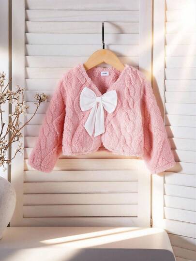 SHEIN Toddler Girls' Cute White Bow Plush Long Sleeve Comfortable Jacket, Fashionable For Autumn/Winter
