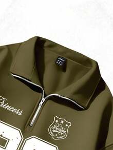 Attitoon Women's Back To School, 23 Vintage Pattern, Retro Autumn Loose Fit Half Zip High Neck Fleece Sweatshirt, Suitable For Autumn/Winter - Army Green - View 6