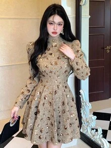 DAZY 女士时尚优雅亮片装饰中长连衣裙闪亮连衣裙波西米亚风度假装扮 - 金色 - 查看 5