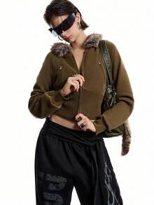 LYSMO 2025新款极简主义冬季休闲时尚街头拉链插肩袖人造毛皮连帽宽下摆短款外套，秋季女士短款连帽衫，短款拉链连帽外套，女士短款夹克，冬季新年造型和圣诞节街头服饰，以及斯德哥尔摩风格 - 橄欖綠 - 查看 6