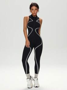 Dewbera 撞色饰边拉链前开无袖紧身连衣裤，夏季运动 - 黑色 - 查看 6