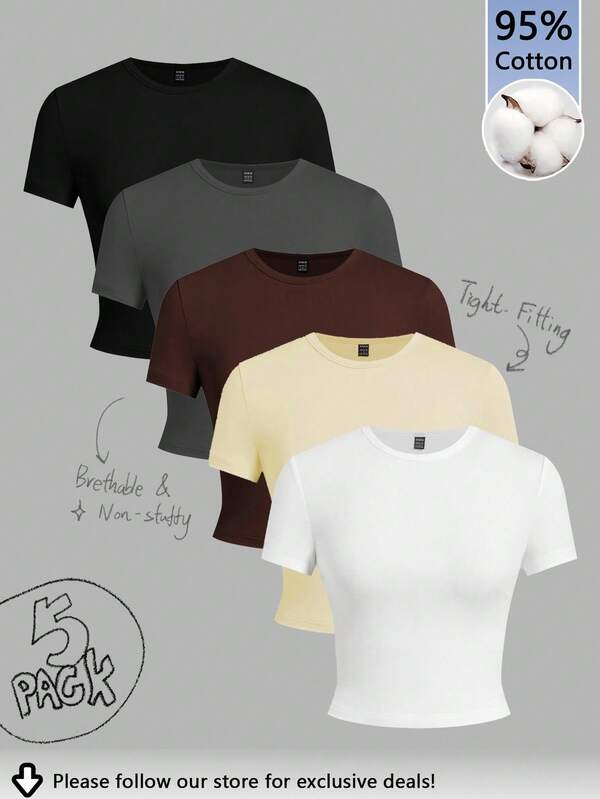 Tseoso 95% Cotton, 5pcs/Pack Basic Solid Color Slim Fit Short Sleeve T-Shirt, Going Out, Sports, Club, Can Be Worn All Year Round, Cute Tops, Softgirl, Home, Back To School, Fall Women Clothes, Natural