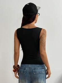 StreetHx Streetwear Women's Punk Metal Style Black Sleeveless Grommet Decor Casual Tank Top - Black - View 5