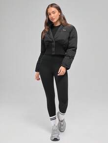 Menodora SHEIN Sport Women's Short Padded Coat, Ribbed Knit Waistline, Button Front, Slim Fit, Lightweight & Warm, Modern Stylish Design, Suitable For Autumn/Winter - Black - View 5