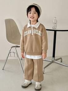 2pcs/Set Young Boys' Contrast Color Collar Letter Print Half-Zip Hoodie And Wide Leg Pants Casual Loose Tracksuit, Suitable For Autumn/Winter - Khaki - View 4
