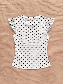 Soleia Women's Polka Dot Print Round Neck Cap Sleeve Casual T-Shirt - White - View 2