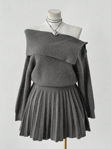 Sunspun 秋冬时尚不对称露肩纯色腰部褶皱连衣裙 - 灰色 - 查看 4