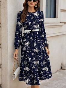 SHEIN Clasi Navy Countryside Print Round Neck Long Sleeve Dress, Suitable For Autumn/Winter, Christmas - Navy Blue - View 1