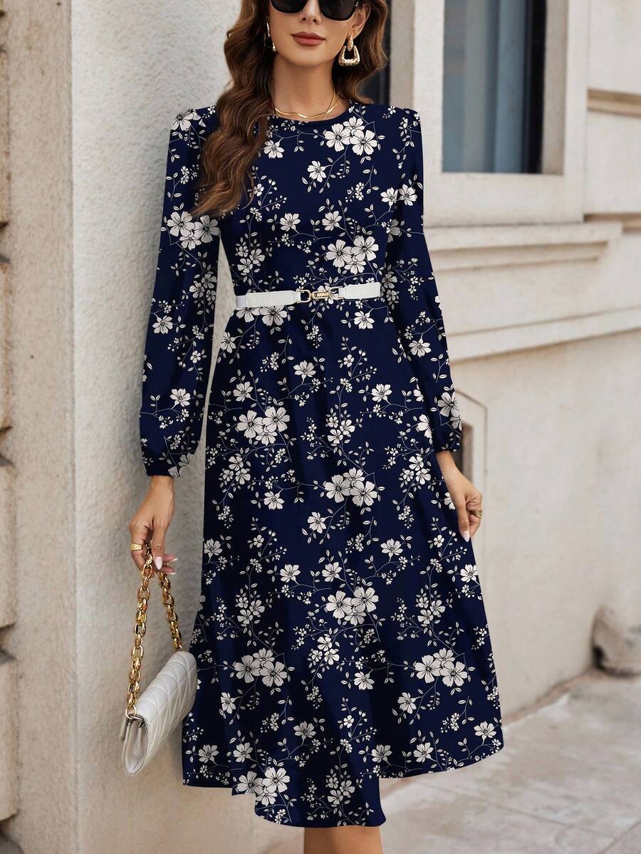 SHEIN Clasi Navy Countryside Print Round Neck Long Sleeve Dress, Suitable For Autumn/Winter, Christmas - Navy Blue - View 1