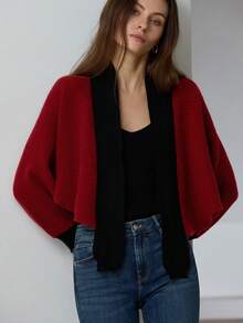 GENKIRA Elegant Contrast Color Casual Vintage Batwing Sleeve Cardigan - Red - View 2