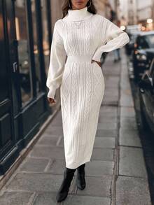 SHEIN Clasi Textured Turtleneck Waist Cinched Knit Dress Autumn Winter Clothes For Women