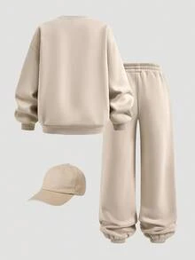 Tween Girl Loose Casual Letter Embossed Patched Detail Letter Graphic Round Neck Pullover Sweatshirt And Sweatpants Sports 2pcs/Set Outfit - Apricot - View 4