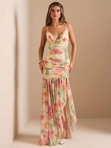 SHEIN BAE Váy maxi lưới ôm sát dành cho nữ xẻ cao, họa tiết hoa, cổ khoét sâu, không tay, thích hợp cho sinh nhật, đám cưới, tiệc cocktail, Halloween, Giáng sinh, đêm hẹn hò, thanh lịch và lãng mạn - Vàng nhạt - Xem 6