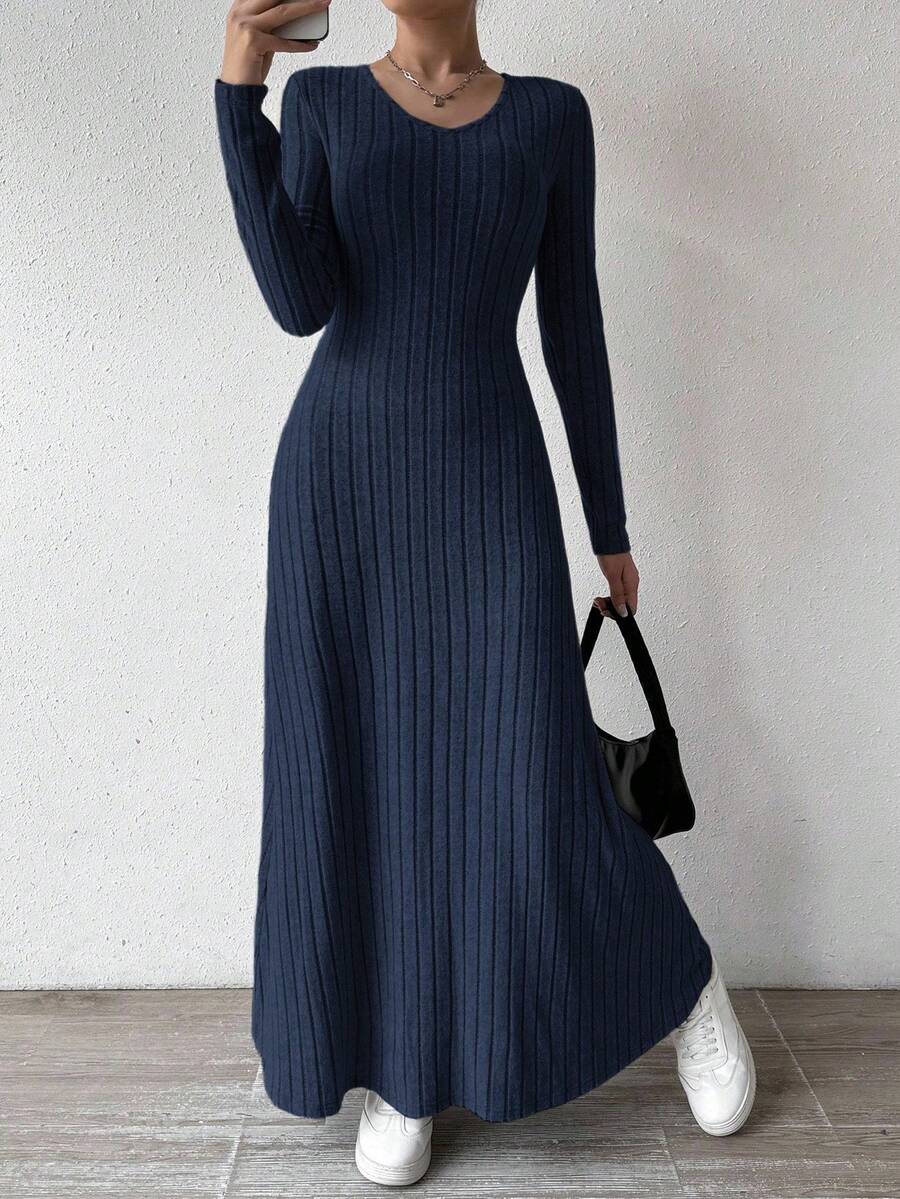 Almamuse Solid Color V-Neck Knit Fleece Long Sleeve A-Line Dress Maxi Women Outfit - Navy Blue - View 1