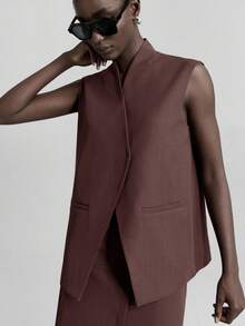 Ontre 女士都市风格抗皱面料西装套装，包括西装外套、背心和裙子，通勤装，宽松版型，商务休闲装，办公室装 - 棕色 - 查看 6