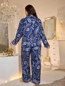 LuxeNights 加大码花卉印花翻领开衫和裤子睡衣套装，秋季服装，舒适服装 - 彩色 - 查看 2