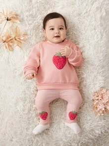 SHEIN Babygirl 可爱百搭粉色卡通刺绣毛绒草莓图案长袖运动衫和松紧腰打底裤套装，秋冬