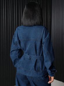 EURMUSE Flap Pocket Button Front Denim Jacket - Dark Wash - View 2
