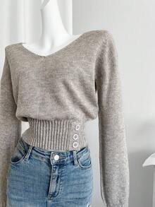 EMERY ROSE Women's Casual Button Decor Waist Fitted Sweater, Autumn - Grey - View 3