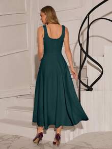 EURMUSE Women's Solid Color Square Neck Sleeveless Elegant Long Dress - Green - View 2