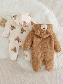 Cozy Pixies Newborn Baby Boy/Girl Cartoon 3D Bear Animal Pattern Fleece Lined Zip-Up Hoodie & Pants 2pcs Set Fall Winter