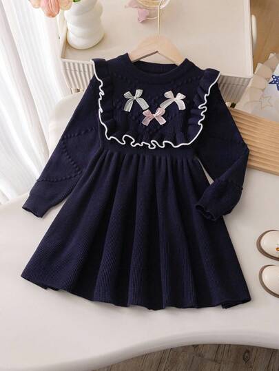 Souflis Souflis 4-7岁女童优雅公主风海军蓝针织连衣裙，饰有精致蝴蝶结和荷叶边下摆，适合生日派对、幼儿园活动或春秋季日常外出