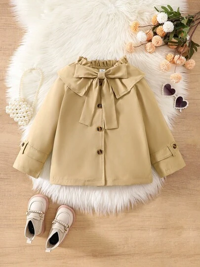 女童可爱卡其粉色蝴蝶结装饰长袖舒适时尚秋冬外套