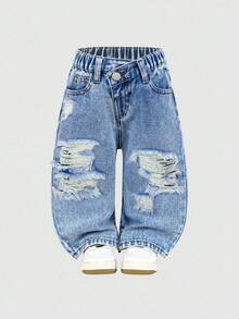 Pantalones rectos de mezclilla lavada con diseño de abertura oblicua y bajo con abertura para niñas pequeñas de moda casual