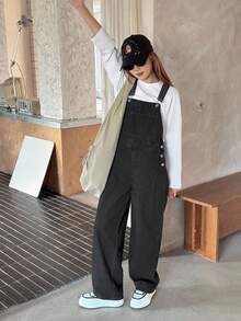 DAZY Teen Girl Loose Casual Straight Leg Denim Jumpsuit With Side Button Design Fall/Winter