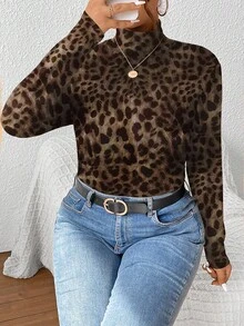 SHEIN Frenchy Tricou la modă cu guler înalt, cu imprimeu retro leopard, mărime mare - Multicolor - Vizualizare 5
