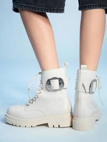 Sugerpunk Gothic Round Toe Buckle Design Chunky Heel PU Leather Punk Boots, Suitable For Party, Daily Wear, And Collegiate Style - Beige - View 5