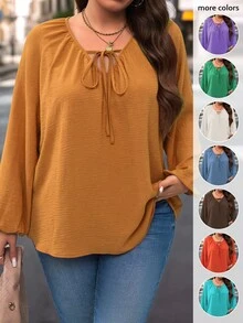 SHEIN LUNE Plus Size Casual Solid Color Lantern Sleeve Shirt For Autumn For New Year Clothes - Yellow - View 1