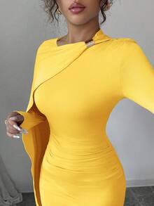 Elenzga Váy dự tiệc sinh nhật màu xanh da trời thanh lịch mùa hè mới, váy dài xếp ly eo đa năng dành cho nữ - Màu vàng - Xem 5