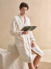 Men's Contrast Stitching Belted Robe, Autumn/Winter, For Fall, Fluffy Fleece Robe, Cozy - White - View 3