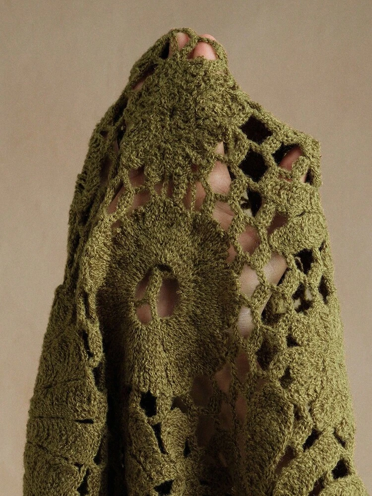 Loose Knit Sweater With Crochet And Openwork Floral Patchwork Design, Round Neck