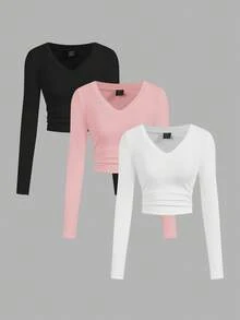 SHEIN EZwear 女款冬季黑白粉百搭色針織抓絨內裡V領收腰修身長袖打底衫休閒百搭T恤上衣 - 彩色 - 查看 3