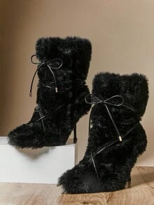SHUZIA Botas de tacón de aguja con puntera puntiaguda, de piel sintética esponjosa y suave, para mujer, cómodas y cálidas para invierno, fiestas y ocasiones especiales - Negro - Ver 6