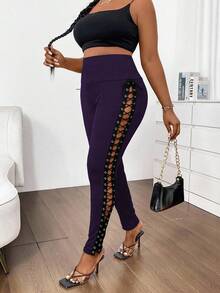 Maweii Plus Size Contrast Color High Waist Eyelet Lace-Up Leggings - Purple - View 5
