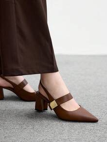CUCCOO BIZCHIC Sandalias de tacón grueso con punta puntiaguda, hebilla cuadrada, cómodas y de moda para el uso diario - Café integral - Ver 5