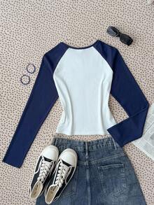 SHEIN 少女撞色拼接插肩袖T恤，休闲时尚，适合日常穿着 - 白色 - 查看 2