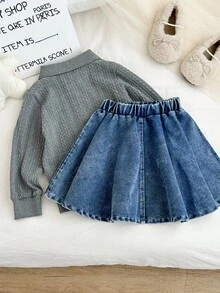 Genkimix Kids 2 件套幼儿女童韩版秋冬提花针织 Polo 领长袖毛衣上衣搭配牛仔 A 字裙套装