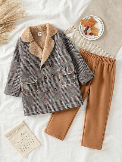 SHEIN 4-7岁男童两件套：羊毛裤和毛绒羊毛外套，时尚优雅，百搭秋冬儿童户外服装，韩版风格