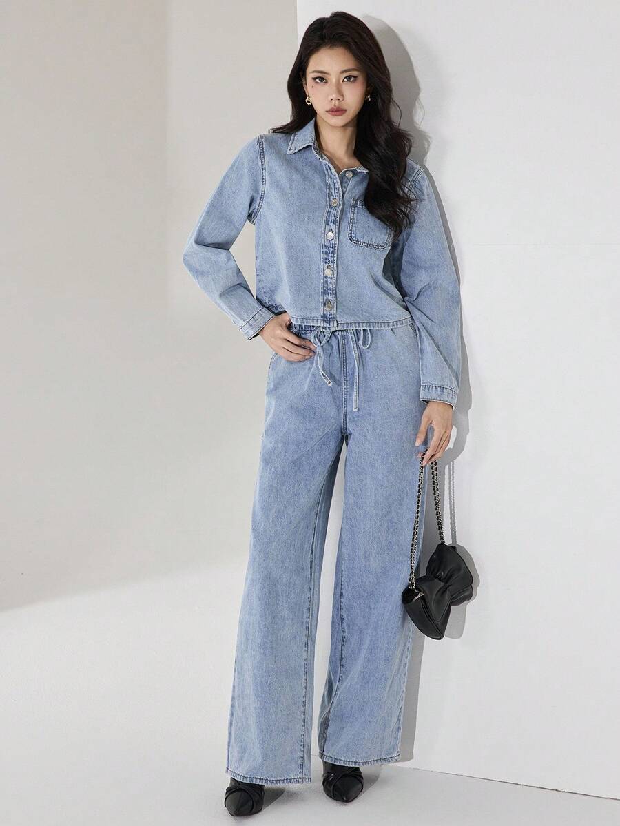 Heiryn Bộ quần jeans và áo sơ mi denim cài nút màu xanh nhạt giản dị mùa hè dành cho nữ - Màu xanh lam - Xem 1